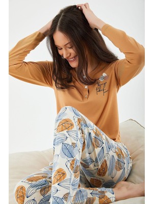 Pierre Cardin 8425 Good Things Take Time Camel Kadın Uzun Kol Pijama Takım