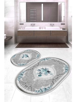 Napoli Home Dijital Baskılı Kaymaz Taban Yıkanabilir Oval 2'li Klozet Takımı Banyo Paspası Nokz-Hk-74