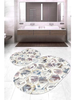 Napoli Home Dijital Baskılı Kaymaz Taban Yıkanabilir Oval 2'li Klozet Takımı Banyo Paspası NOKZ-HT-484