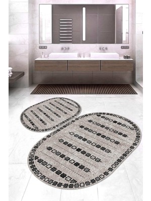 Napoli Home Dijital Baskılı Kaymaz Taban Yıkanabilir Oval 2'li Klozet Takımı Banyo Paspası NOKZ-SD-1015