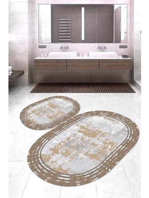 Napoli Home Dijital Baskılı Kaymaz Taban Yıkanabilir Oval 2'li Klozet Takımı Banyo Paspası NOKZ-SD-296