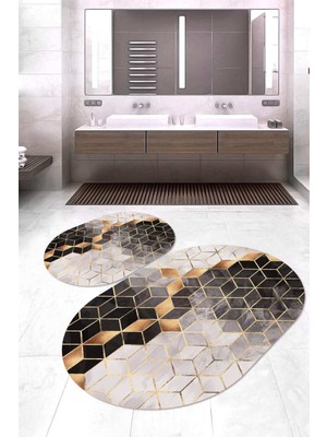 Napoli Home Dijital Baskılı Kaymaz Taban Yıkanabilir Oval 2'li Klozet Takımı Banyo Paspası NOKZ-HT-322