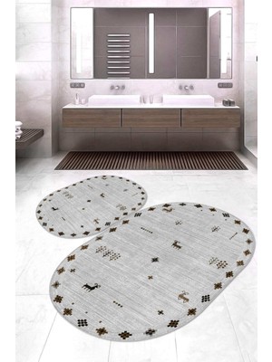 Napoli Home Dijital Baskılı Kaymaz Taban Yıkanabilir Oval 2'li Klozet Takımı Banyo Paspası NOKZ-SD-1056