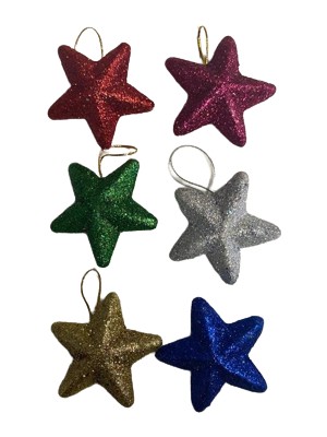 Event Party Store  Yılbaşı Ağaç Süsü Simli Yıldız Renkli 6'lı 6 cm