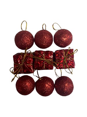 Event Party Store  Yılbaşı Ağaç Süsü Kırmızı Top ve Hediye Paketi 9'lu 3 cm