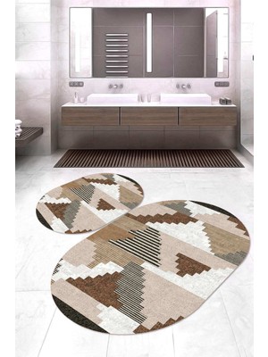 Napoli Home Dijital Baskılı Kaymaz Taban Yıkanabilir Oval 2'li Klozet Takımı Banyo Paspası NOKZ-HT-171