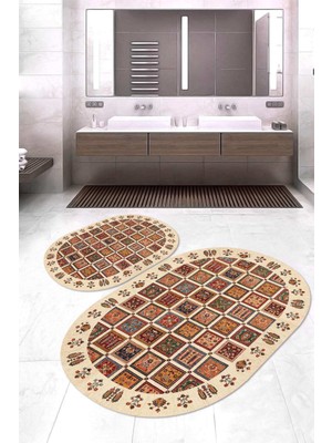 Napoli Home Dijital Baskılı Kaymaz Taban Yıkanabilir Oval 2'li Klozet Takımı Banyo Paspası NOKZ-HT-648