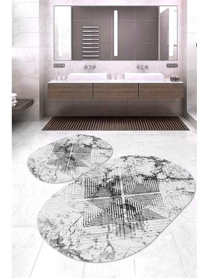 Napoli Home Dijital Baskılı Kaymaz Taban Yıkanabilir Oval 2'li Klozet Takımı Banyo Paspası NOKZ-SD-1035