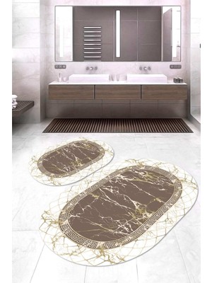 Napoli Home Dijital Baskılı Kaymaz Taban Yıkanabilir Oval 2'li Klozet Takımı Banyo Paspası NOKZ-SD-438