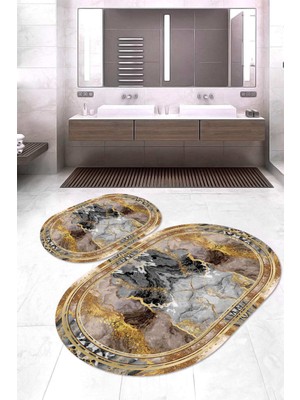 Napoli Home Dijital Baskılı Kaymaz Taban Yıkanabilir Oval 2'li Klozet Takımı Banyo Paspası NOKZ-SD-470