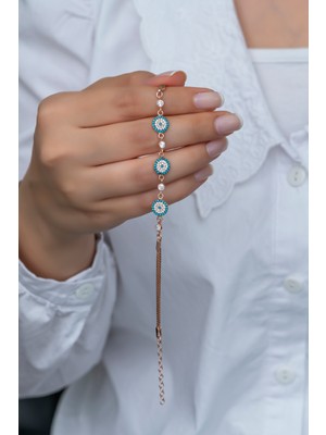 Nereze 925 Ayar Gümüş Turkuaz Taşlı 3'lü Nazar Bileklik