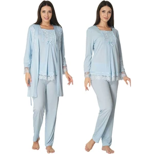 Puerpera Effort Kadın Mavi Sabahlıklı Hamile Lohusa Pijama Takımı 3044