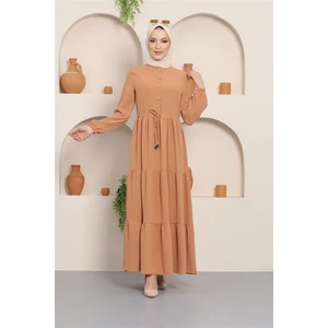 Hafsa Mina Büzgülü Düğmeli Aerobin Elbise Taba