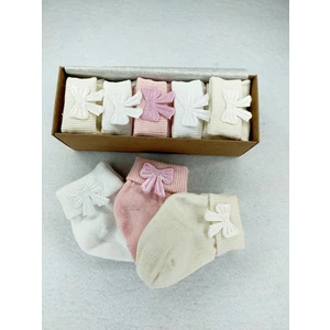 Fiyonklu Kutulu 5'li Yıkanmış Organik Kız Bebek Çorabı 0-6 Ay