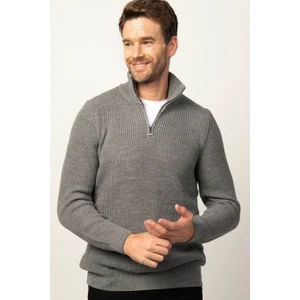 Erkek Slim Fit Dar Kesim Fermuarlı Gri Dik Yaka Triko Kazak