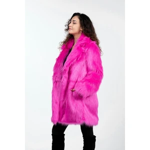 Son Trend Ingiliz Yaka Cepli Fuşya Tilki Kürk Ceket Kaban