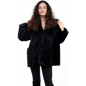 Kadın Kapüşonlu Siyah Kürk Kaban