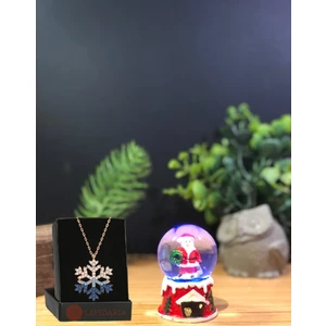 Noel Baba Yılbaşı Temalı  Işıklı  Kar Küresi Minik Boy ve Mavi Kartanesi Kolye