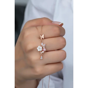 925 Ayar Gümüş Pembe Taşlı Kelebek Manolya Çiçeği Kolye