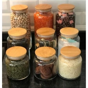 9'lu Bambu Kapaklı Vakumlu Cam Kavanoz Saklama Kabı Seti (1300ML-800ML-500ML) 3 Boy
