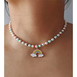Petek Aksesuar Incili Renkli Gökkuşağı Kolye