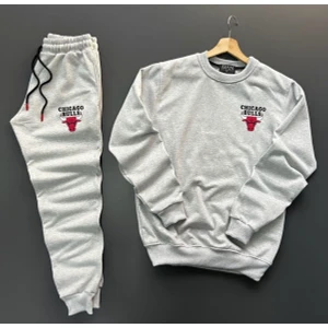 New Cabin Yeni Sezon Unisex Bulls Baskılı Gri Pamuklu Sıfır Yaka- Pamuklu Gri Eşofman Altı Takım 2'li