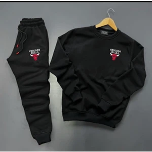 New Cabin Yeni Sezon Unisex Bulls Baskılı Gri Pamuklu Sıfır Yaka- Pamuklu Gri Eşofman Altı Takım 2'li