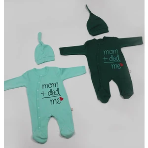 to Cosmos Mom + Dad Me Baskılı Su Yeşili-Koyu Yeşil 4'lü Set 2 Tulum + 2 Şapka 0-3 Ay