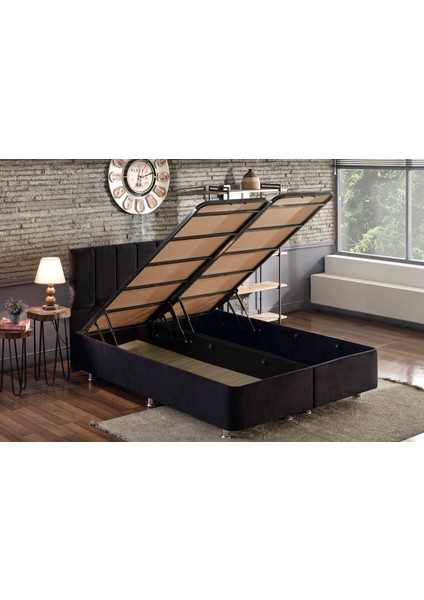 Niron Piano Lite Baza ve Başlık Seti 150x200 cm Çift Kişilik Siyah Metal Profil Baza ve Başlığı Silinebilir Soho Kumaş