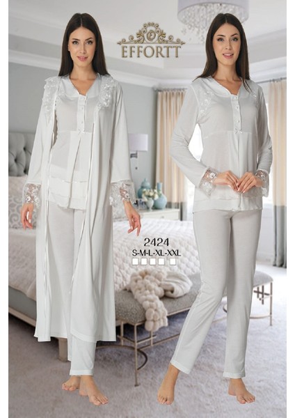 Puerpera Effort Kadın Ekru Uzun Kollu Lohusa Hamile Pijama Takımı Sabahlık 2424
