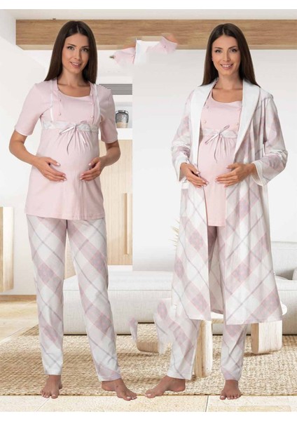 Effortt Kadın Kısa Kollu Hamile Lohusa Pijama Takımı ve Sabahlık 6024