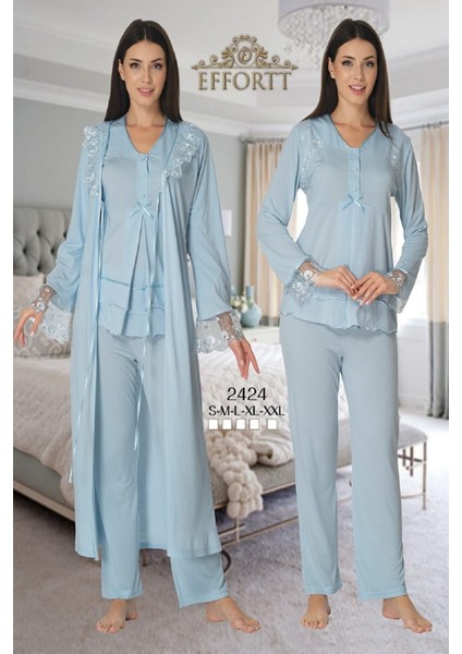 Puerpera Kadın Mavi Uzun Kollu Lohusa Hamile Pijama Takımı Sabahlık Effort 2424