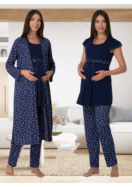 Effort Kadın Lacivert Hamile Lohusa Sabahlıklı Pijama Takımı 6014
