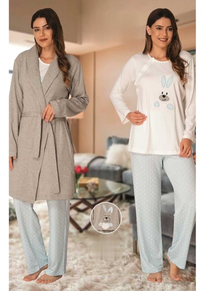 Effort Kadın Mavi Tavşan Baskılı Sabahlıklı Hamile Lohusa Pijama Takımı 3090