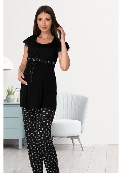 Puerpera Effortt Kadın Hamile Lohusa Gecelik Sabahlık ve Pijama Takımı 4'lü Set 6016