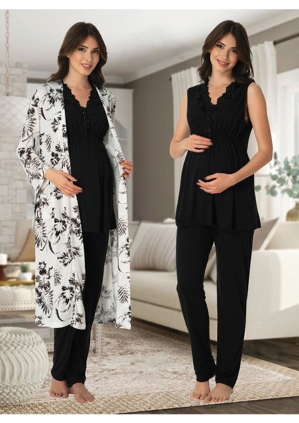Puerpera Effort Kadın Siyah Lohusa Hamile Sabahlıklı Pijama Takımı 8034