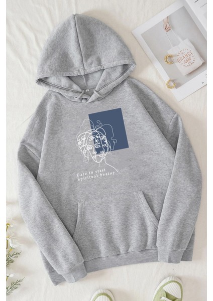 Unisex Minimal Line Drawing Baskılı Sweatshirt