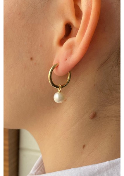 14 Ayar Altın Kadın Büyük Halka 8 mm Sallantılı Inci Charm Küpe