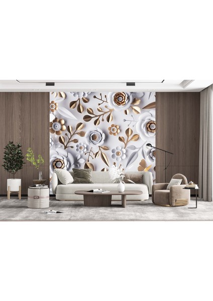Dekoros tek Parça Gri Çiçekler 3D Poster Duvar Kağıdı