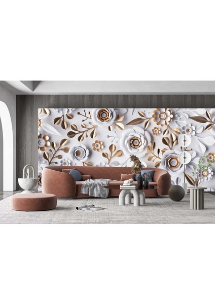 Dekoros tek Parça Gri Çiçekler 3D Poster Duvar Kağıdı