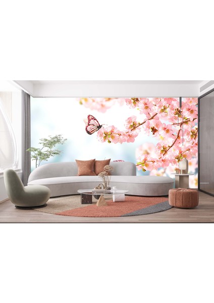 Dekoros tek Parça Kelebek ve Pembe Çiçekler Poster Duvar Kağıdı