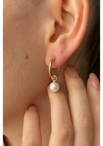 14 Ayar Altın Kadın Büyük Halka 8 mm Sallantılı Inci Charm Küpe