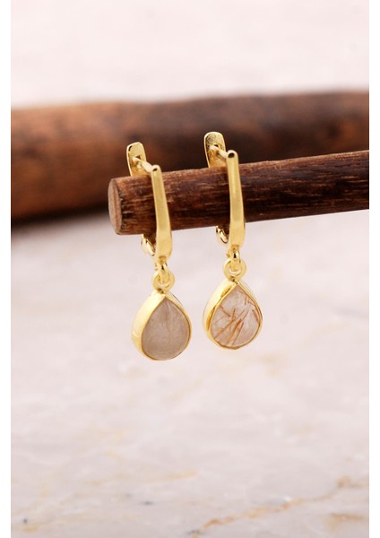 Doğal Sarı Rutil Kuvars Taşlı Damla Mini Altın Yaldızlı Gümüş Küpe 5859