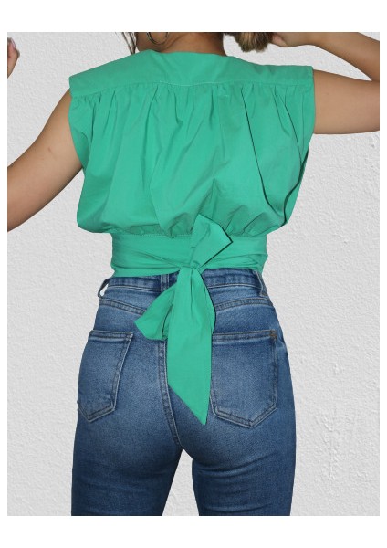 Twin Collectıon Yeşil Bağcıklı Kruvaze Crop Top