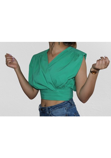 Twin Collectıon Yeşil Bağcıklı Kruvaze Crop Top