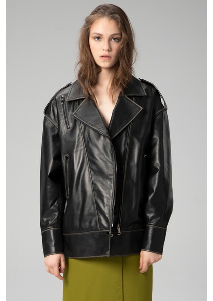 WM019 Oversize Biker Hakiki Deri Kadın Mont