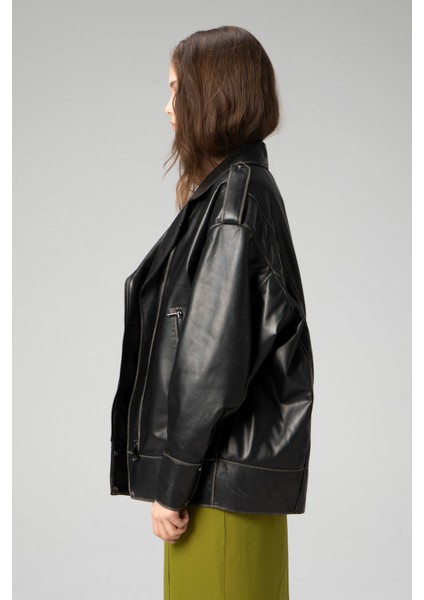 WM019 Oversize Biker Hakiki Deri Kadın Mont fiyatları