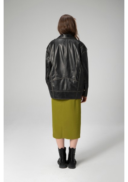 WM019 Oversize Biker Hakiki Deri Kadın Mont modelleri