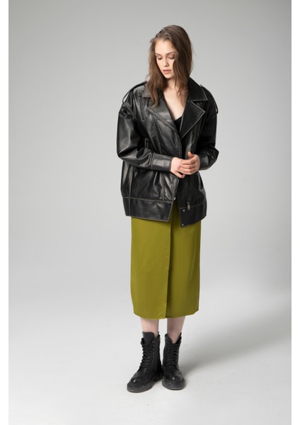 WM019 Oversize Biker Hakiki Deri Kadın Mont fırsatları