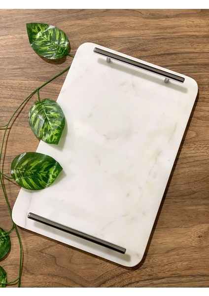 Doğal Mermer Tepsi 30X20 Gümüş Sap Kulp